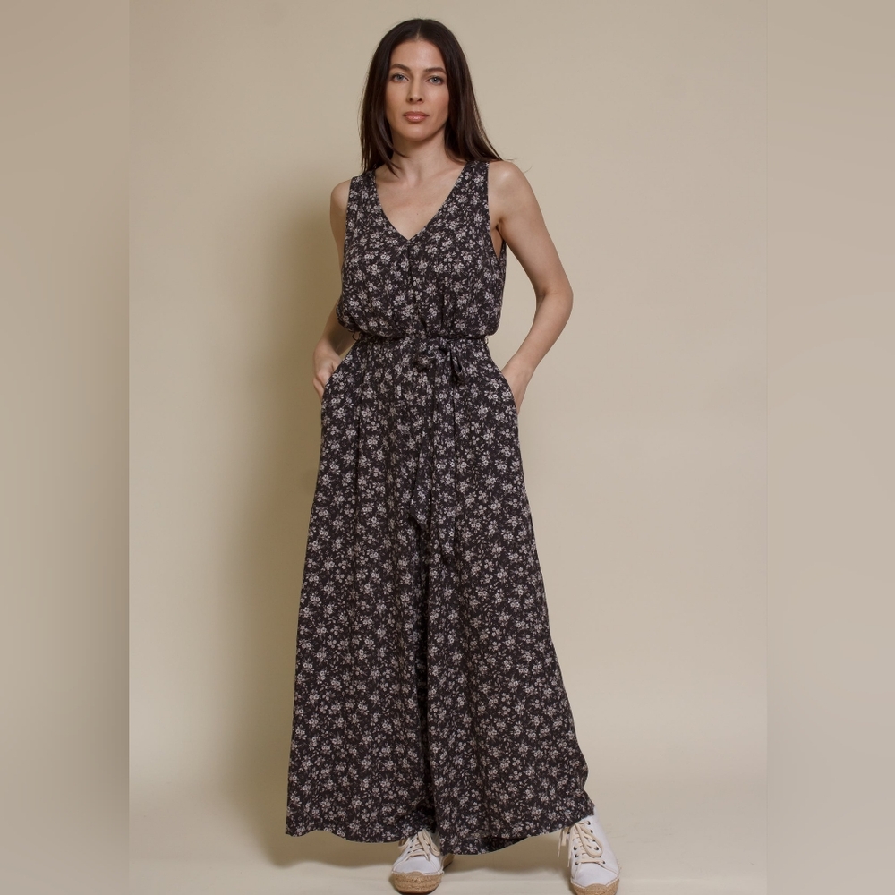 Calista Gray Floral Jumpsuit With Pockets, Size S
